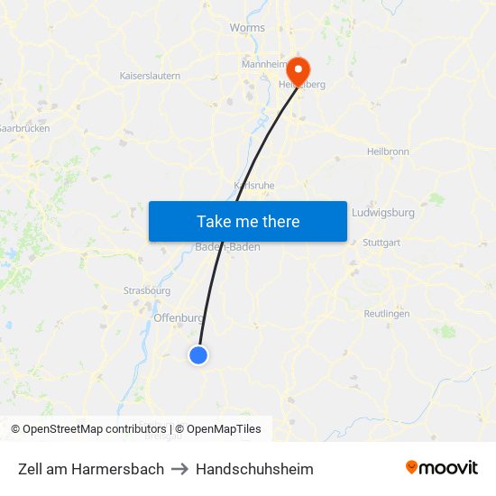 Zell am Harmersbach to Handschuhsheim map