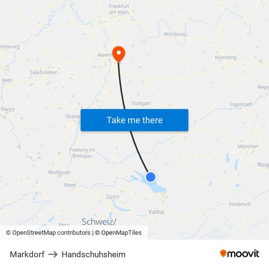 Markdorf to Handschuhsheim map
