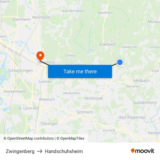 Zwingenberg to Handschuhsheim map
