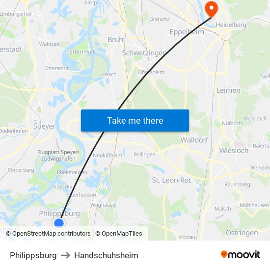 Philippsburg to Handschuhsheim map