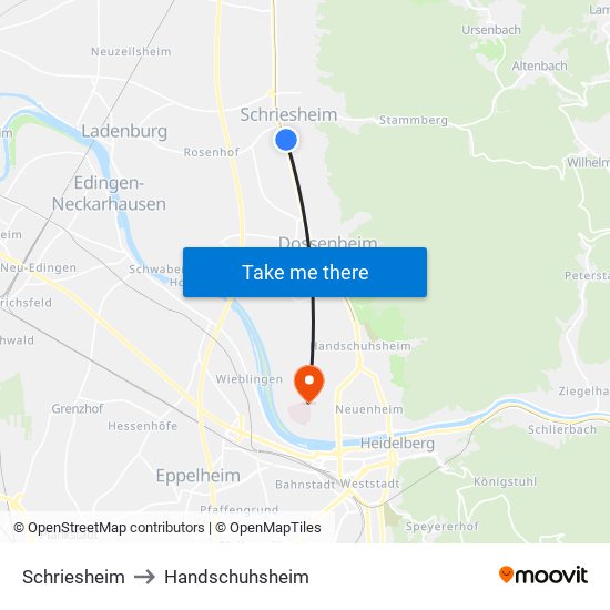 Schriesheim to Handschuhsheim map