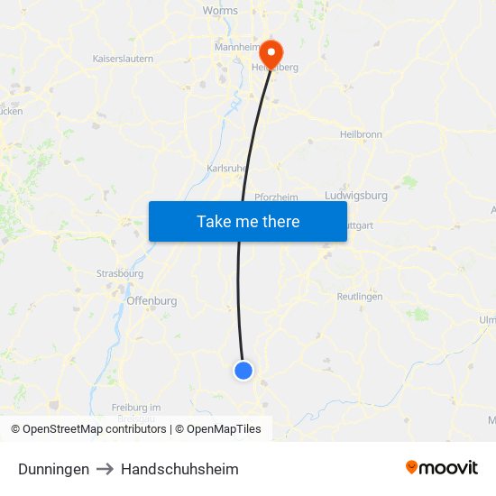 Dunningen to Handschuhsheim map