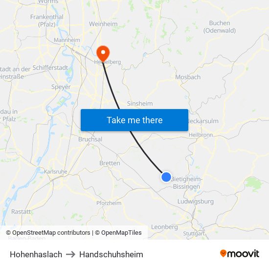 Hohenhaslach to Handschuhsheim map