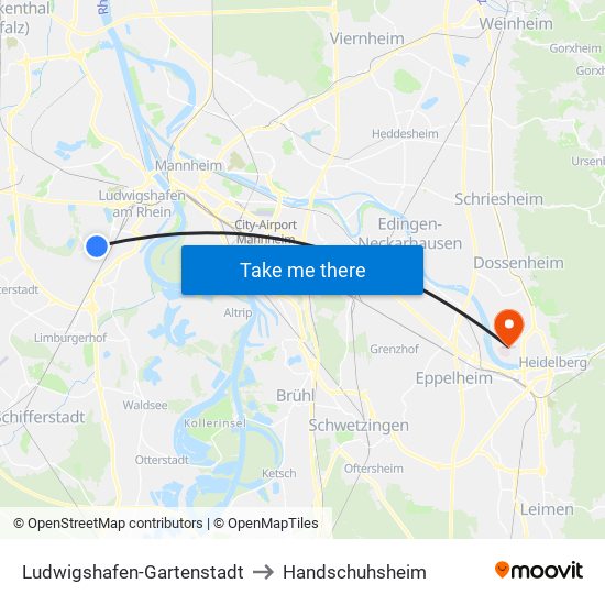 Ludwigshafen-Gartenstadt to Handschuhsheim map