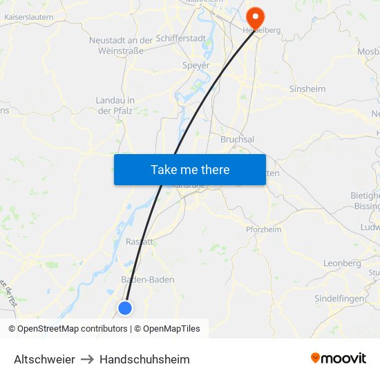 Altschweier to Handschuhsheim map