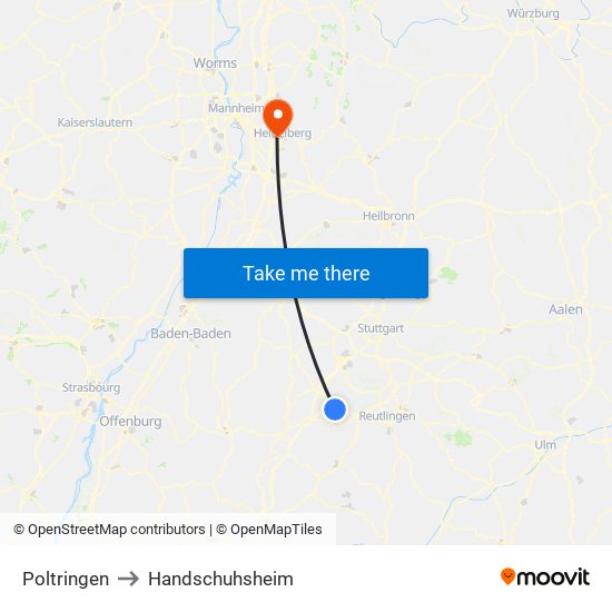 Poltringen to Handschuhsheim map