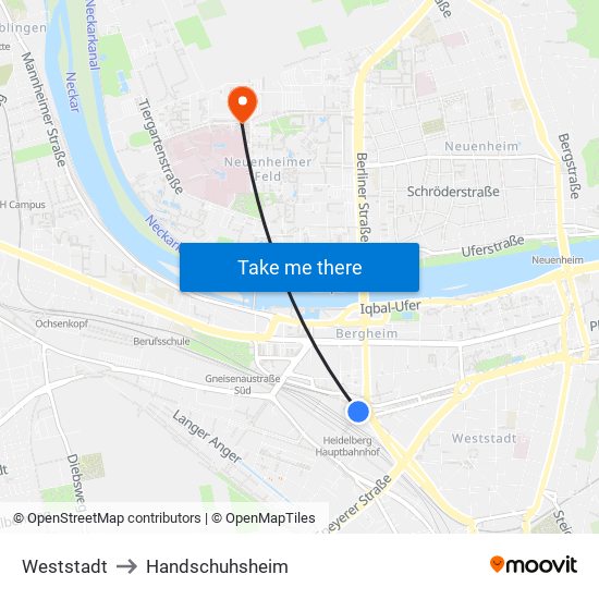 Weststadt to Handschuhsheim map