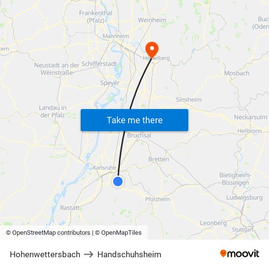 Hohenwettersbach to Handschuhsheim map