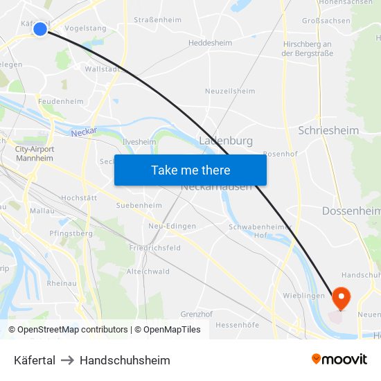 Käfertal to Handschuhsheim map