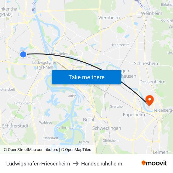 Ludwigshafen-Friesenheim to Handschuhsheim map