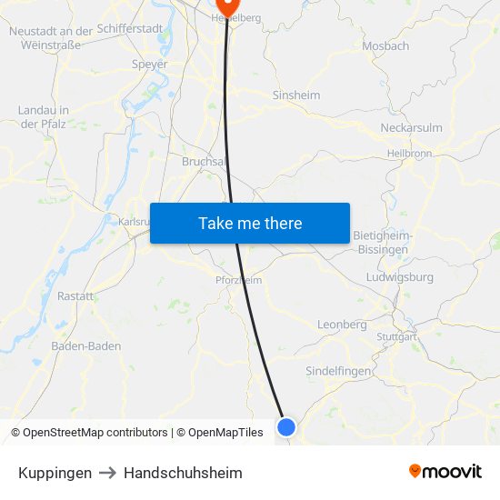 Kuppingen to Handschuhsheim map