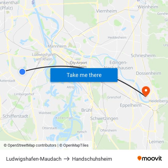 Ludwigshafen-Maudach to Handschuhsheim map