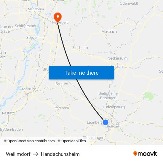 Weilimdorf to Handschuhsheim map