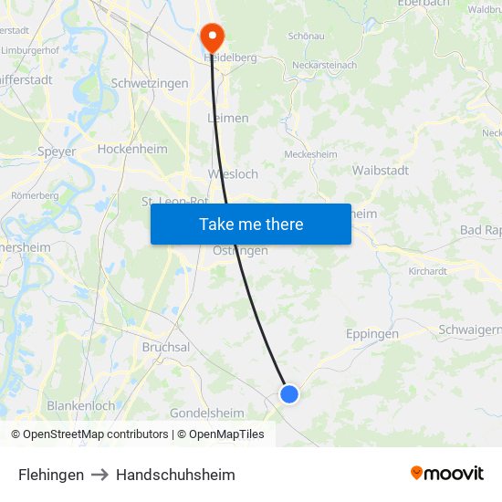 Flehingen to Handschuhsheim map