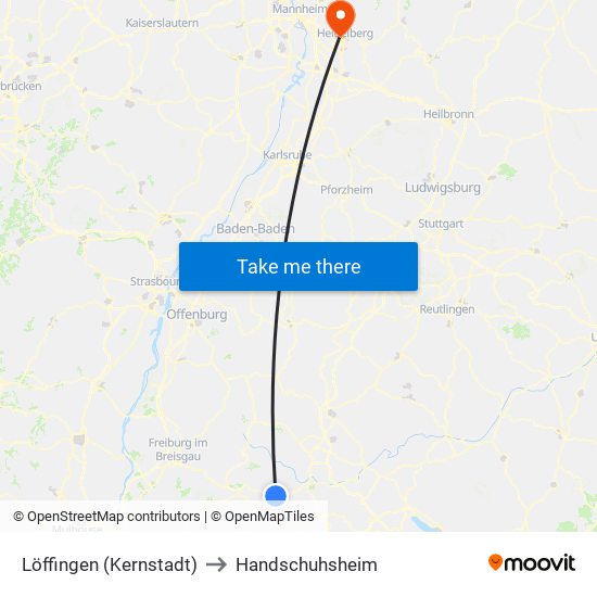 Löffingen (Kernstadt) to Handschuhsheim map