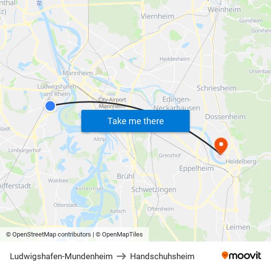 Ludwigshafen-Mundenheim to Handschuhsheim map