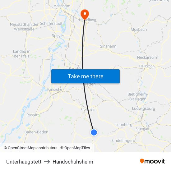 Unterhaugstett to Handschuhsheim map