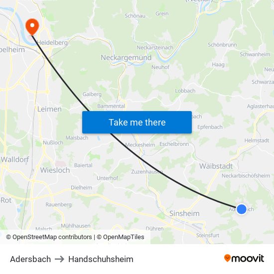 Adersbach to Handschuhsheim map