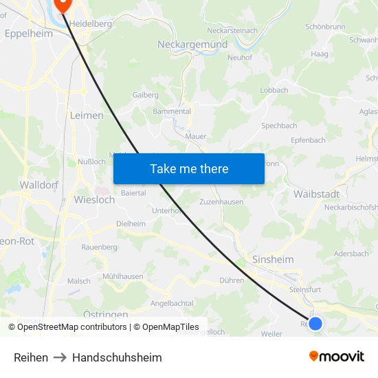 Reihen to Handschuhsheim map