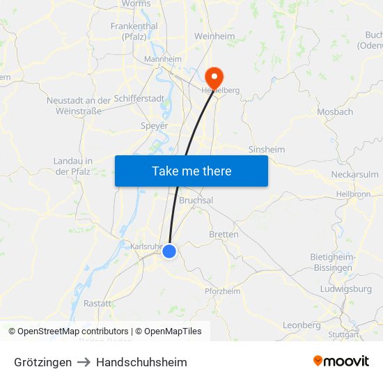 Grötzingen to Handschuhsheim map