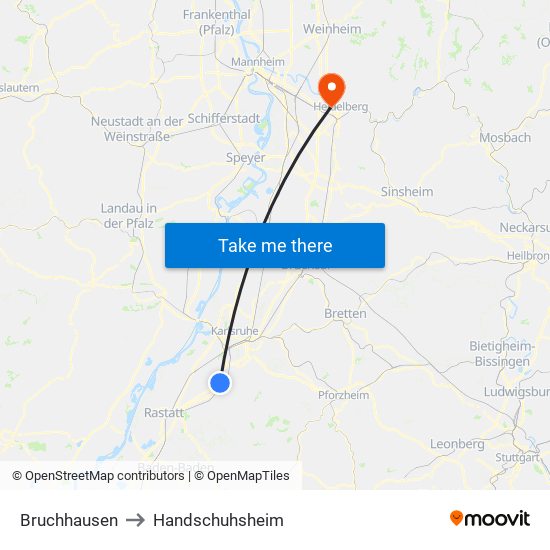 Bruchhausen to Handschuhsheim map