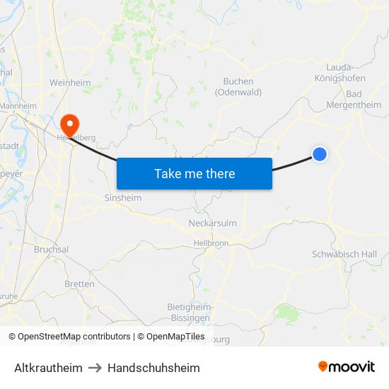 Altkrautheim to Handschuhsheim map
