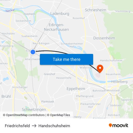 Friedrichsfeld to Handschuhsheim map