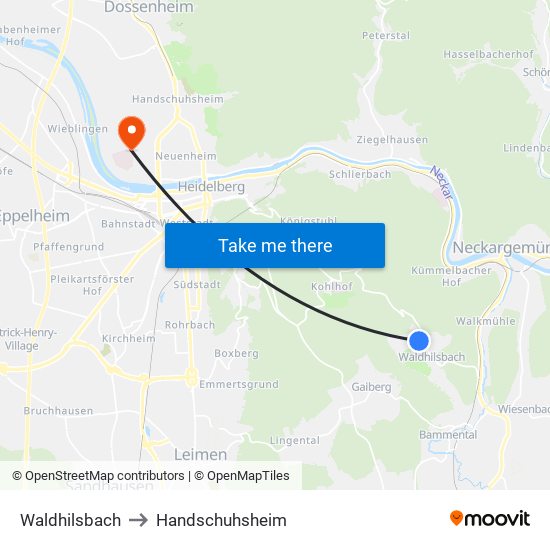 Waldhilsbach to Handschuhsheim map