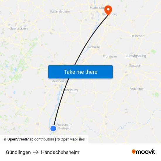 Gündlingen to Handschuhsheim map