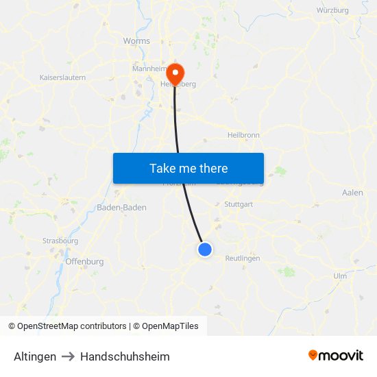 Altingen to Handschuhsheim map