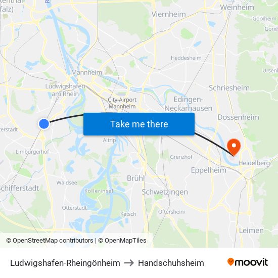 Ludwigshafen-Rheingönheim to Handschuhsheim map