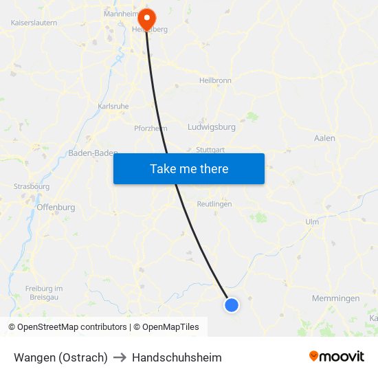 Wangen (Ostrach) to Handschuhsheim map