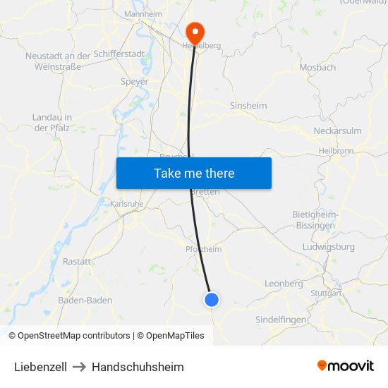 Liebenzell to Handschuhsheim map