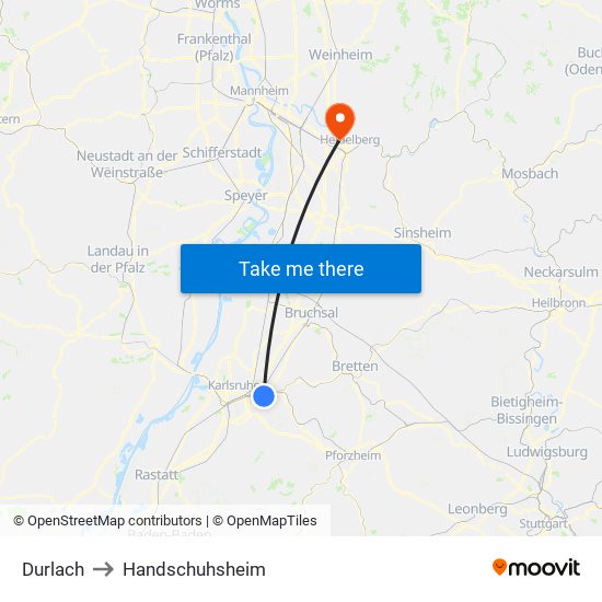 Durlach to Handschuhsheim map