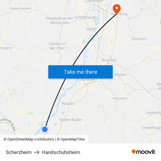 Scherzheim to Handschuhsheim map