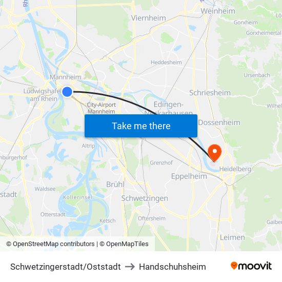 Schwetzingerstadt/Oststadt to Handschuhsheim map