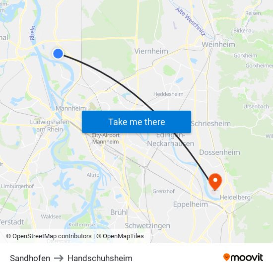 Sandhofen to Handschuhsheim map