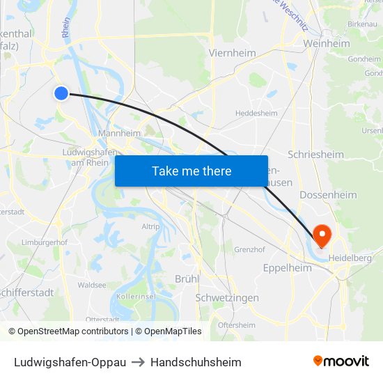 Ludwigshafen-Oppau to Handschuhsheim map