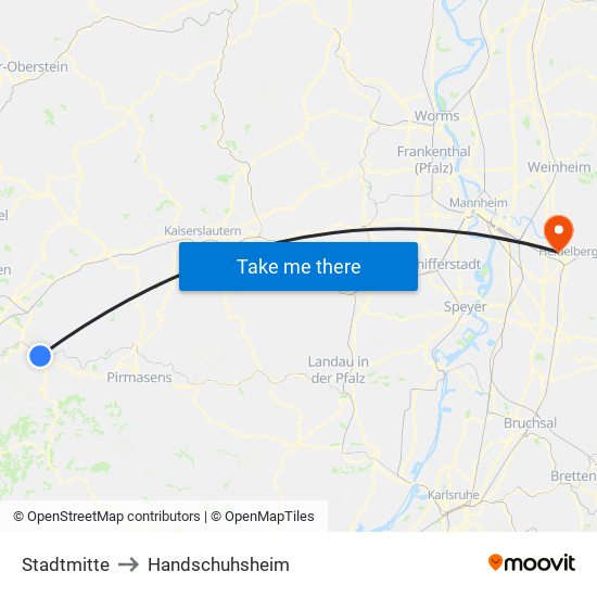 Stadtmitte to Handschuhsheim map