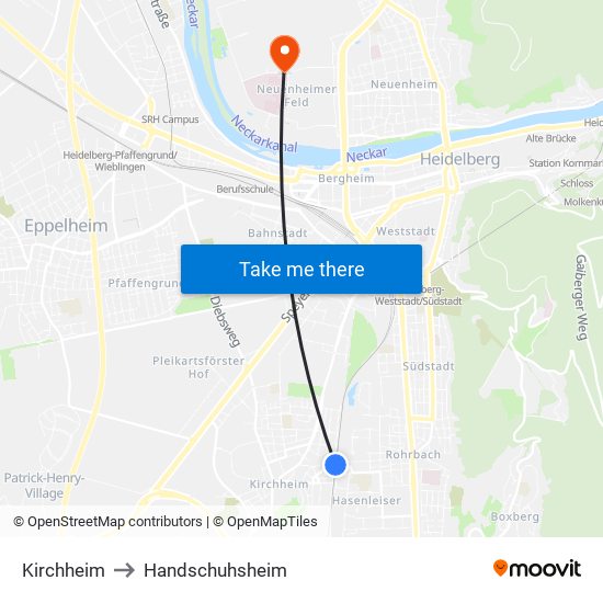 Kirchheim to Handschuhsheim map