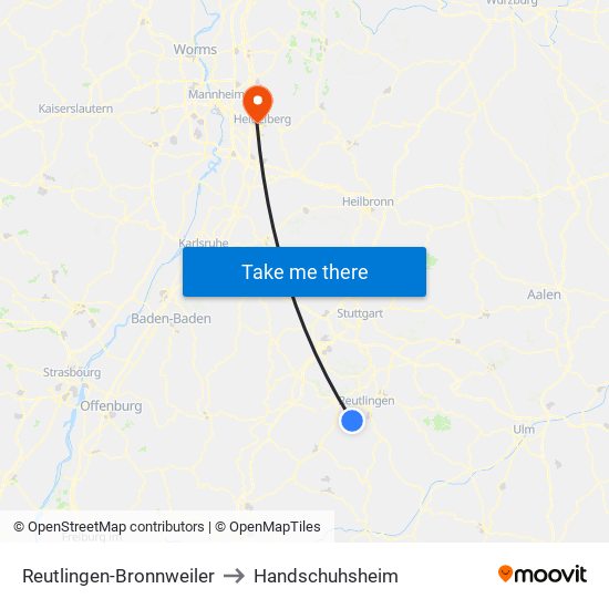 Reutlingen-Bronnweiler to Handschuhsheim map