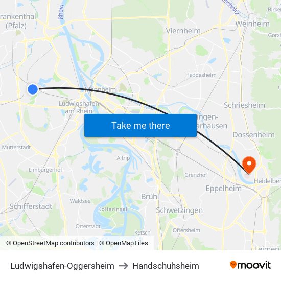 Ludwigshafen-Oggersheim to Handschuhsheim map