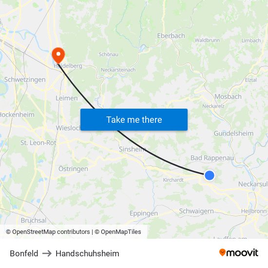 Bonfeld to Handschuhsheim map