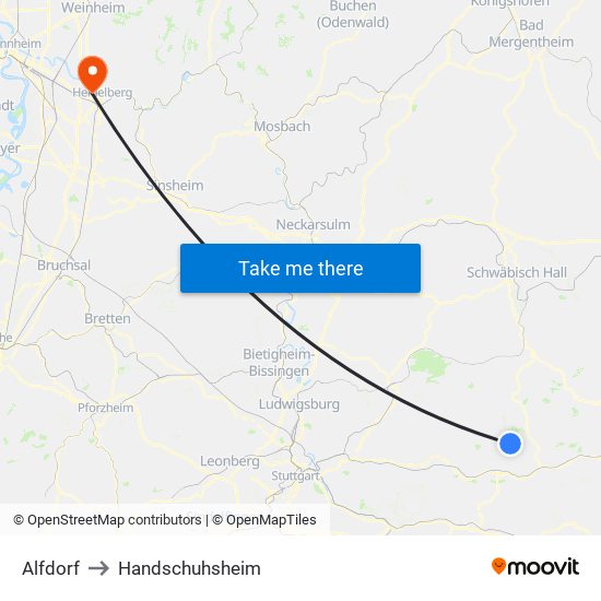 Alfdorf to Handschuhsheim map