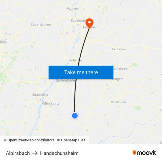 Alpirsbach to Handschuhsheim map