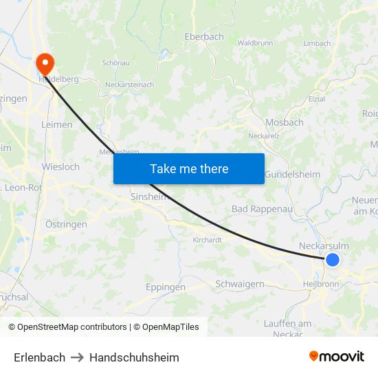 Erlenbach to Handschuhsheim map