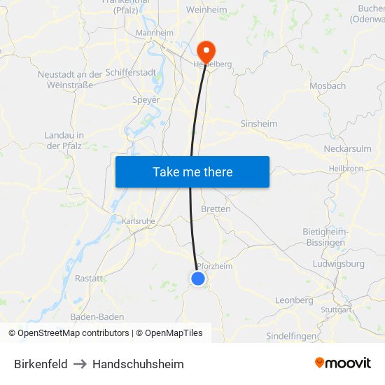 Birkenfeld to Handschuhsheim map