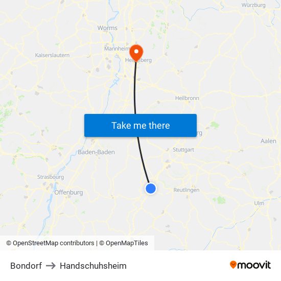 Bondorf to Handschuhsheim map