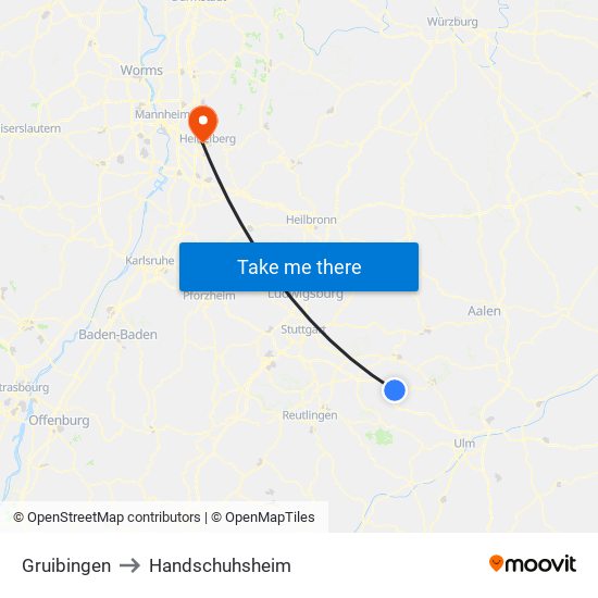 Gruibingen to Handschuhsheim map