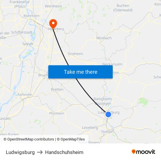 Ludwigsburg to Handschuhsheim map